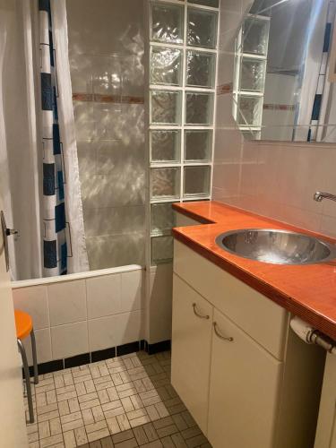 une salle de bain avec un lavabo et une baignoire dans l'établissement Les Cimes de Belle Hutte, à La Bresse