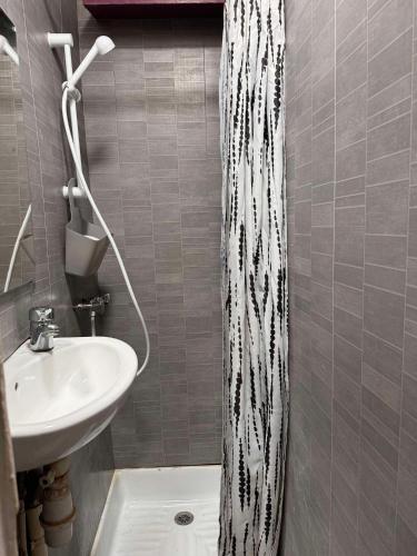 une salle de bain avec un rideau de douche et un lavabo dans l'établissement Influence Orient, à Ris-Orangis