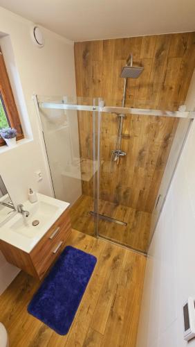 a bathroom with a shower and a sink at SAN ESCOBAR sauna jacuzzi jezioro in Rogowo