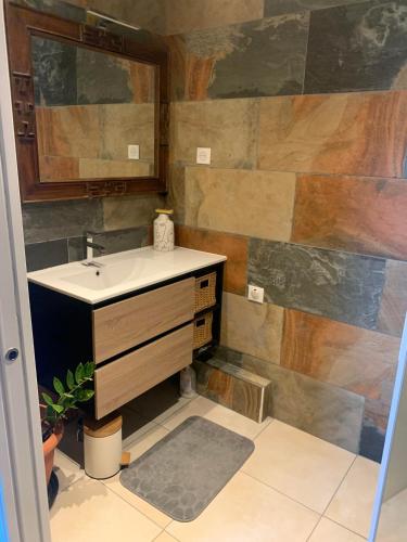 une salle de bain avec un lavabo et un mur en pierre dans l'établissement AMAIRADOU maison de vacances, à Villetelle