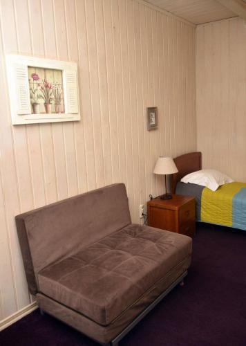 a bedroom with a couch and a bed and a lamp at Готель Ольга in Tatariv