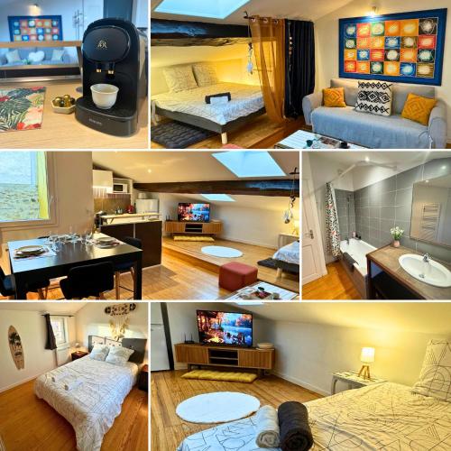 un collage de quatre photos d'une pièce dans l'établissement Signature - Centre -Spacieux- Fibre, à Dax