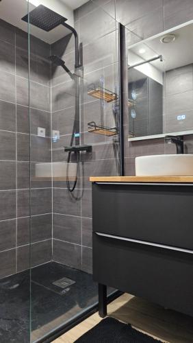 une salle de bain avec un lavabo et une douche en verre dans l'établissement Appartement cozy 2 chambres, à Luchon