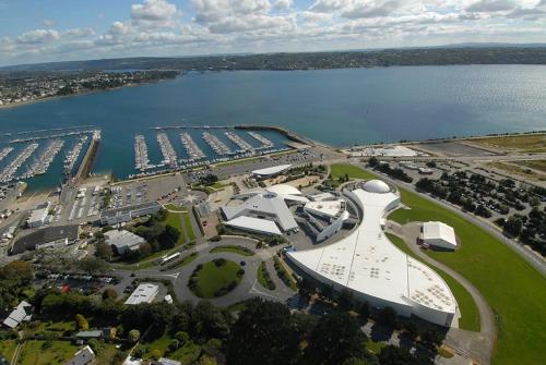 an aerial view of a marina next to a body of water at A l'escale fleurie in Guipavas