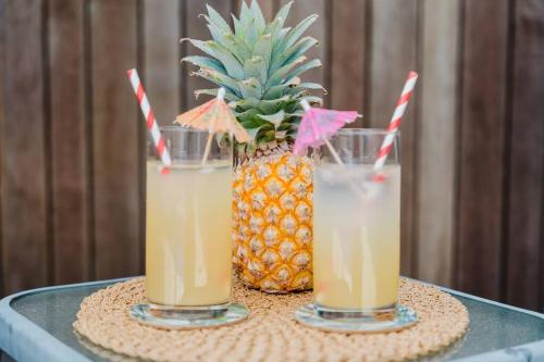 a table with three drinks and a pineapple on it at Tropical 2 BR, 2 Bath Villa with private pool in Palm Cove