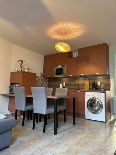 Una cocina con mesa y sillas y lavadora. en Maison de ville plein centre, en Saint-Céré