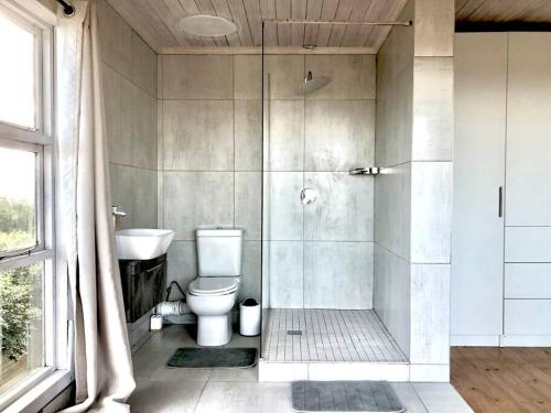 a bathroom with a shower and a toilet and a sink at Seaside Retreat in Kenton-on-Sea in Kenton on Sea