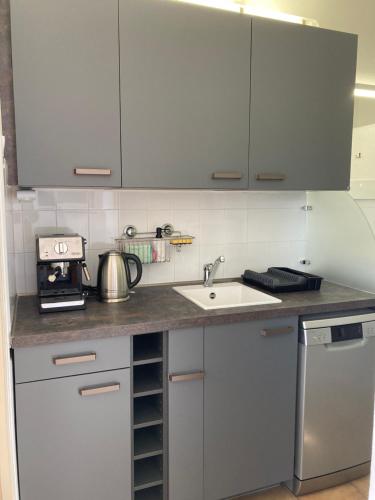 a kitchen with white cabinets and a sink at Les Chênes-lièges d'Ambeille in Collioure