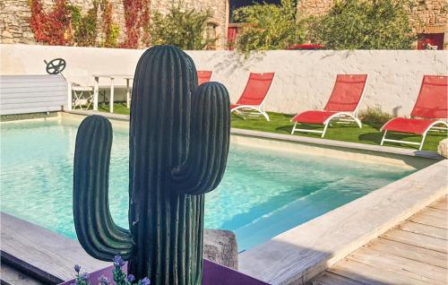 un cactus assis à côté d'une piscine avec des chaises dans l'établissement Cozy Home In Saint-Gervais, à Saint-Gervais