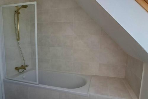 La salle de bains privative est pourvue d'une douche et d'une baignoire. dans l'établissement MoLiMa, maison de bord de mer, 12à14 personnes, à Loctudy