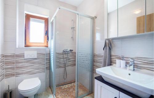 a bathroom with a shower and a toilet and a sink at Stunning Home In Dugopolje With Sauna in Dugopolje