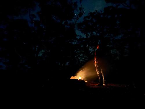 a person standing in front of a fire at night at Heaven in the Hills Retreat in Maleny