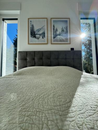 a bedroom with a large bed and three pictures on the wall at PineTree Jahorina in Jahorina