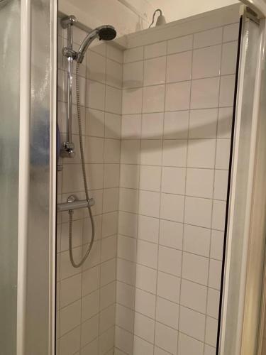 une douche avec une porte vitrée dans une salle de bain dans l'établissement Villa Faro, à Laouque