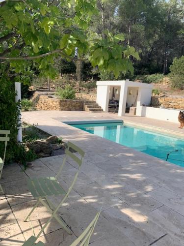une piscine dans une cour à côté d'une maison dans l'établissement Villa Faro, à Laouque