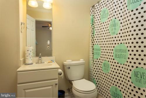 a bathroom with a toilet and a sink and a mirror at Charming Family Luxury Home in Winchester