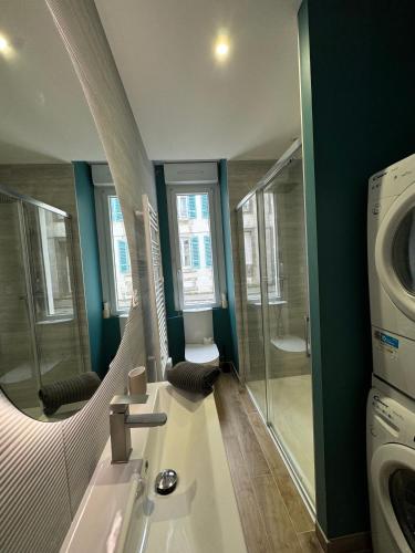 une salle de bain avec un lavabo et une machine à laver dans l'établissement Appartement contemporain Centre-Ville, à Brest