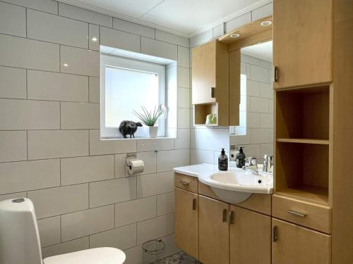 a bathroom with a sink and a cat in a window at 4 person holiday home in Frändefors in Frändefors