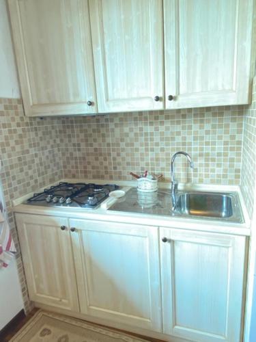 a white kitchen with a sink and a stove at Mansarda Le Laite by Ca-Sa Check in Conco