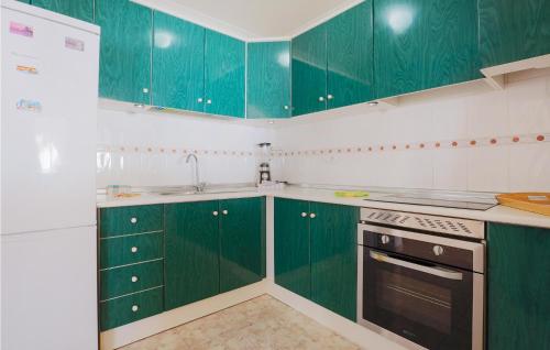 ロス・アルカサレスにあるAmazing Home In Los Alcázares With Wifiの緑と白のキッチン(緑のキャビネット付)
