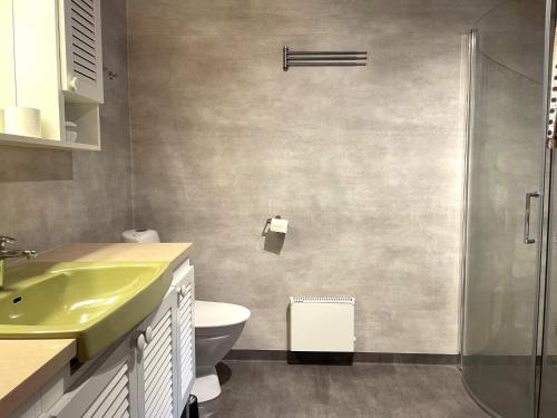 a bathroom with a shower and a toilet and a sink at 4 star holiday home in Åmål in Åmål