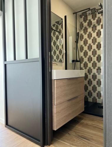 une salle de bain avec un lavabo et une douche dans l'établissement Studio rénové en plein centre ville, sur le port, vue mer, à La Grande Motte