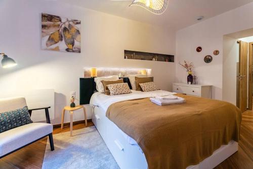 une chambre avec un grand lit et une chaise dans l'établissement Le jardin de l'hyser, à Strasbourg