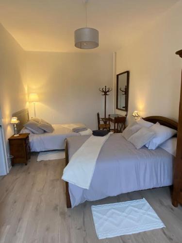 - une chambre avec 2 lits et une table avec un miroir dans l'établissement Gîte de Neufontaine, Maison à la campagne, à Thoiré-sous-Contensor