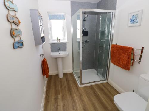 a bathroom with a shower and a sink at Lobster Cottage in Saundersfoot