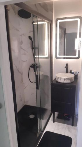 une salle de bain avec une douche en verre et un lavabo dans l'établissement Charmant studio à Sainte-Maxime, 30 m², à Sainte-Maxime