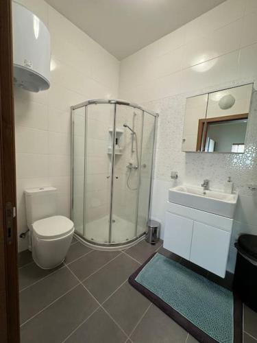 Un baño con ducha, inodoro y lavabo. en Marsalforn Magic Apartment with views 2 minutes from sea, en Marsalforn
