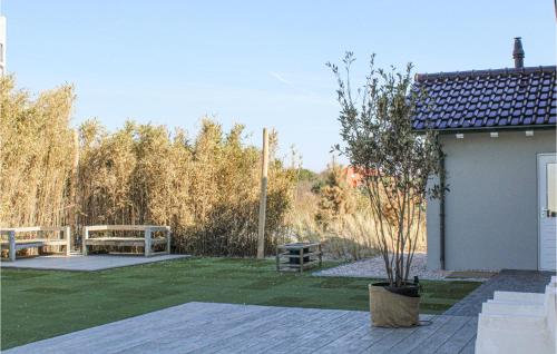 a backyard with two benches and a tree at Thalatta in Noordwijk