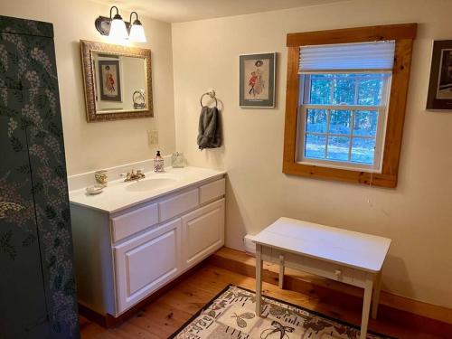 Un baño con lavabo y ventana. en Wildewood Haven, en Loon Island