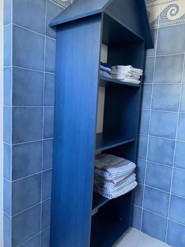 a blue shelf in a bathroom with blue tiles at La rouvraie in Flayosc