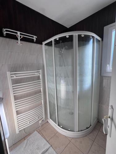 une douche avec une porte vitrée dans une salle de bain dans l'établissement Maison La Chapelaude, à La Chapelaude