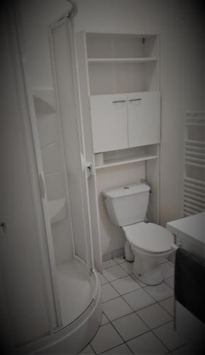 une salle de bain blanche avec toilettes et douche dans l'établissement Eth Polit, à Luchon