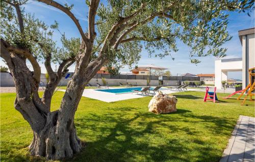 a tree in the grass next to a pool at Villa Lacus in Vrana