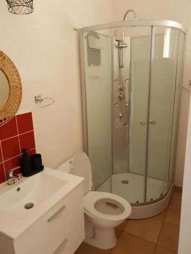 a bathroom with a shower and a toilet and a sink at Maison confortable avec piscine à Martigues 93 m² in Martigues