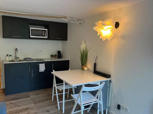 une cuisine avec une table et des chaises dans une pièce dans l'établissement 2 pièces moderne et cosy à Strasbourg, à Strasbourg