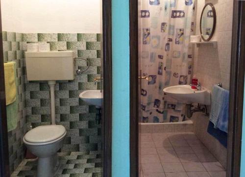 a bathroom with a toilet and a sink and a shower at Apartments Sova in Postira