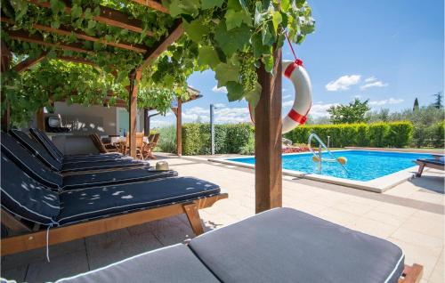 a pool with a row of chaise lounges next to a tree with at Villa Judita in Tar