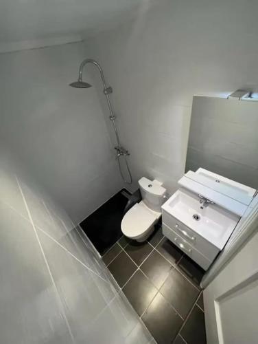 une salle de bain avec des toilettes blanches et un lavabo dans l'établissement Studio confortable à Nice - 19 m² avec vue sur la ville, à Nice
