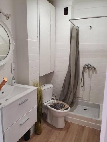 une salle de bain blanche avec toilettes et douche dans l'établissement Cosy, à Canet