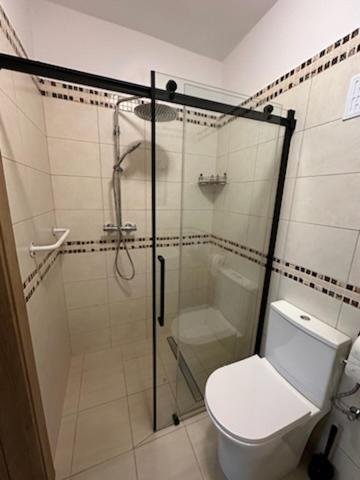 a bathroom with a toilet and a glass shower at Pensjonat Galicja in Józefów
