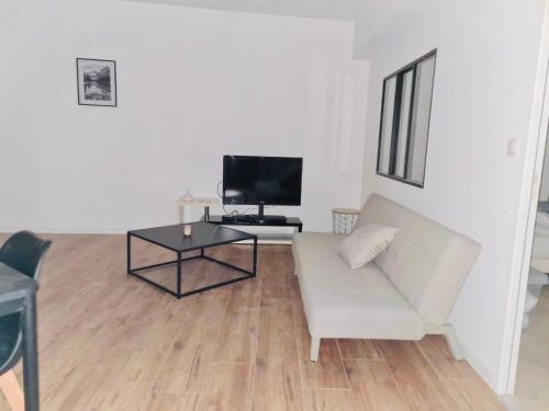 a living room with a white couch and a tv at Logements 6 pers à 15 minutes d Angers in Corné