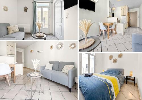 un salon avec un canapé et une table dans l'établissement Cosy et Fonctionnel - Proche Canal & Parc, à Sète