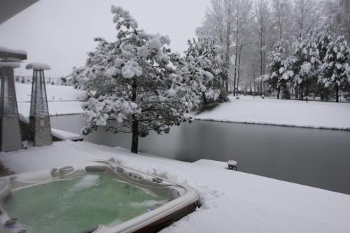 a bath tub covered in snow next to a tree at Kernavės Pajauta in Kernavė