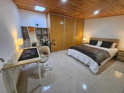 a bedroom with a bed and a desk with a computer at Casa Erika in Hermigua