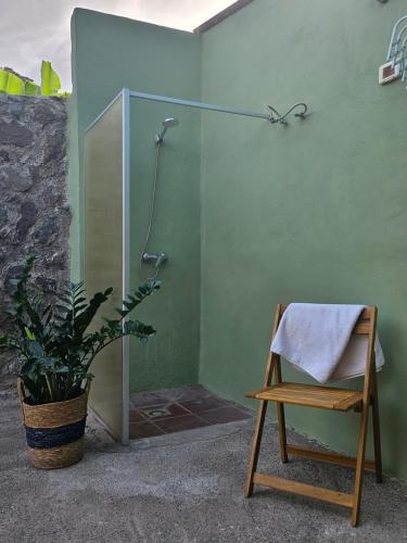 a shower in a room with a chair and a plant at Casa Erika in Hermigua