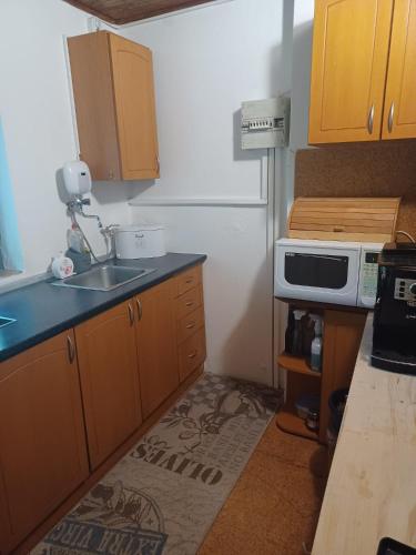 a kitchen with a sink and a microwave at Chata Ružín-Rolova Huta in Margecany